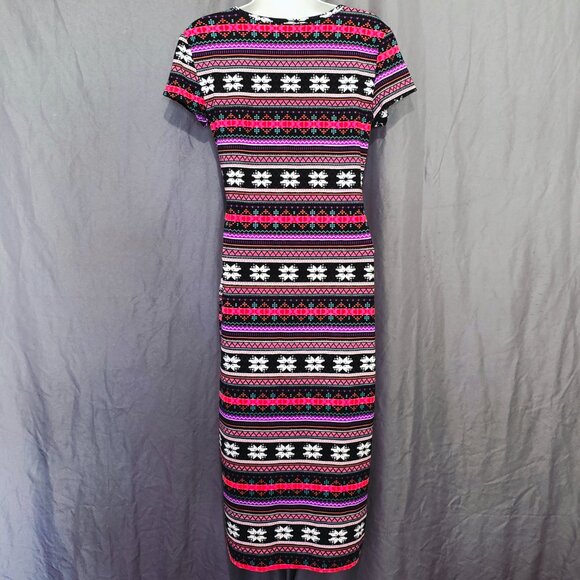 MD Bobbie Brooks Womens Midi Sheath T-Shirt Dress Size Nordic Print Soft Stretch - Picture 2 of 14